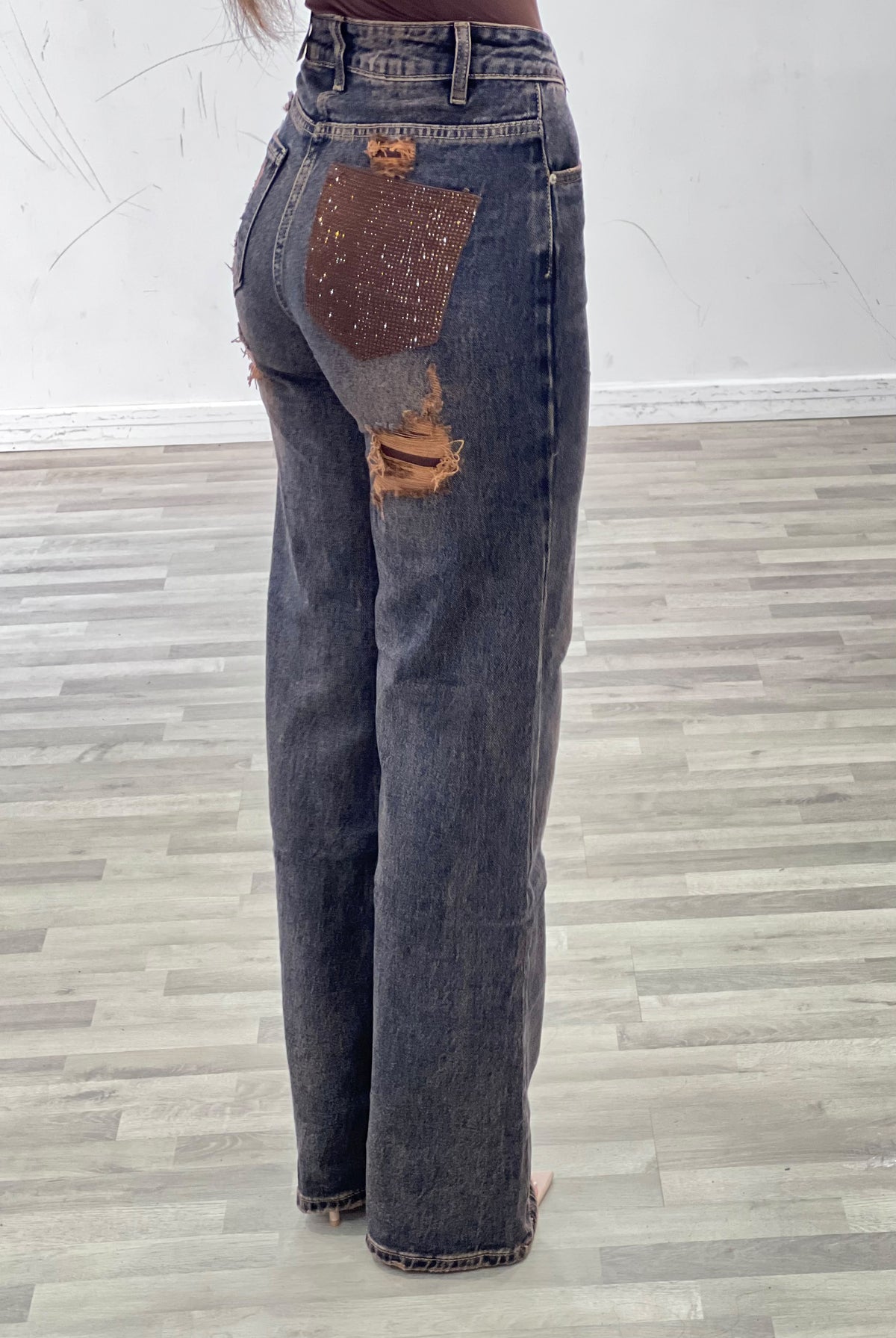 jeans con tasca brown in strass
