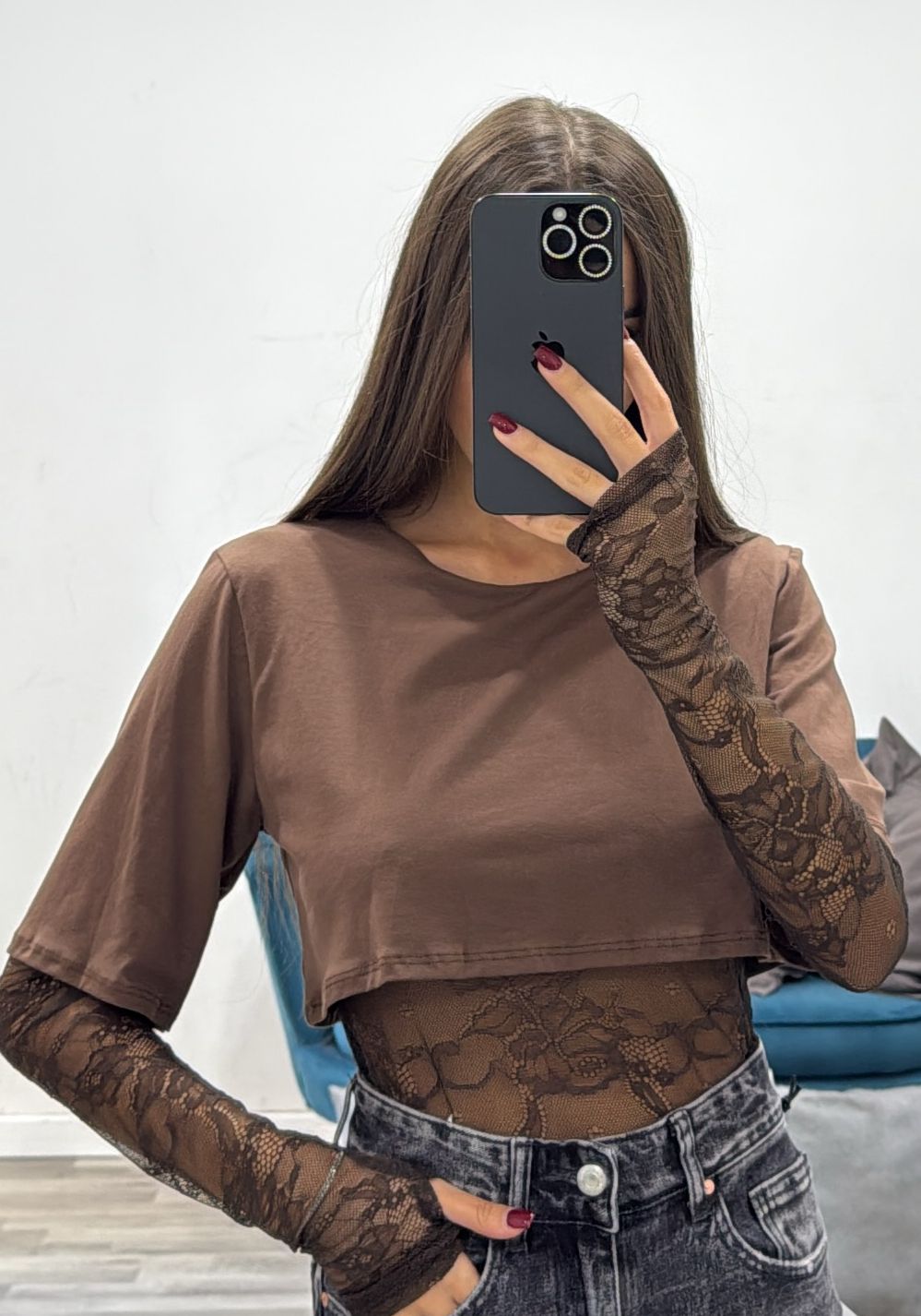 body con t-shirt manica in pizzo