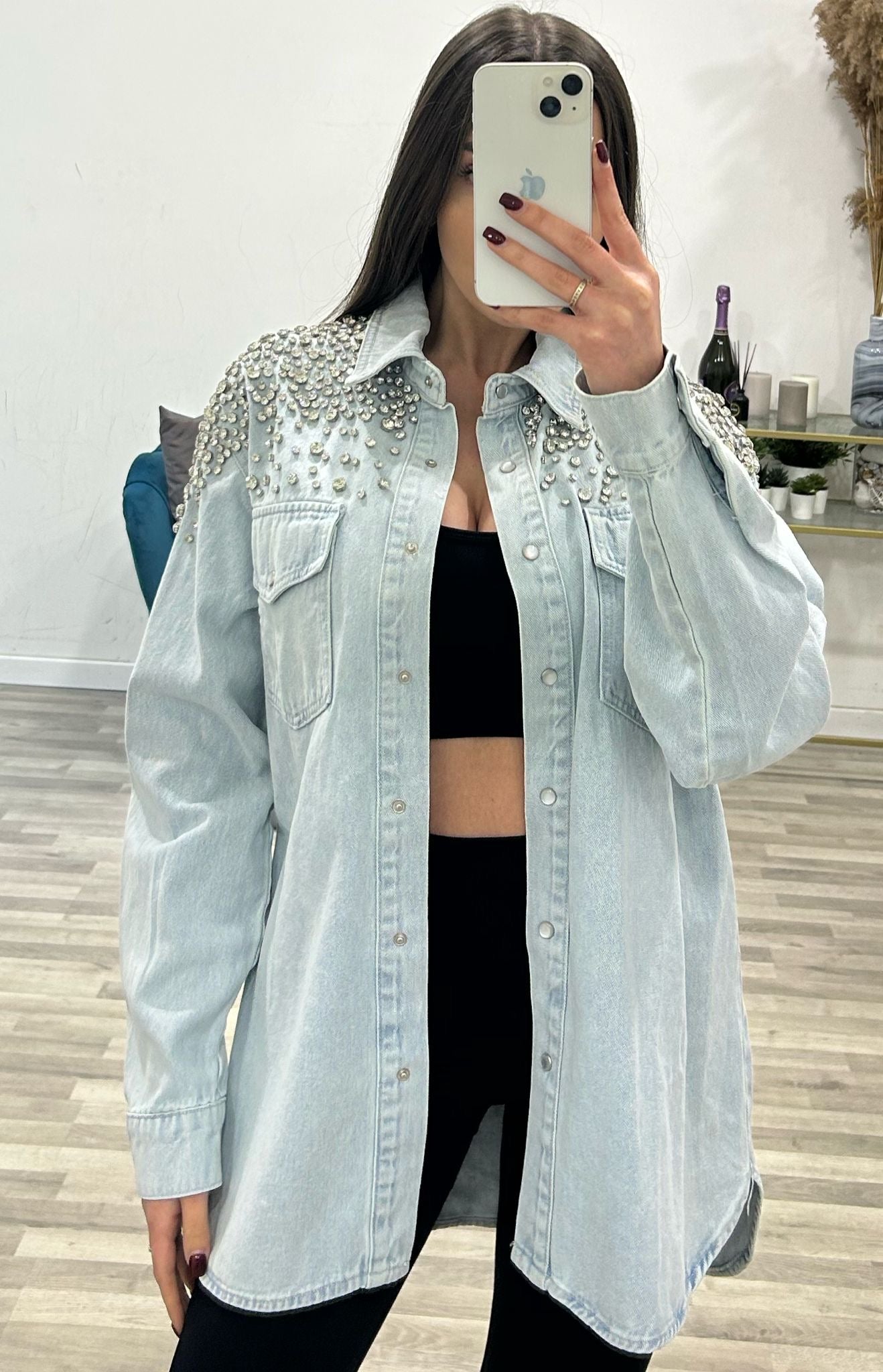 camicia di jeans con swarosky