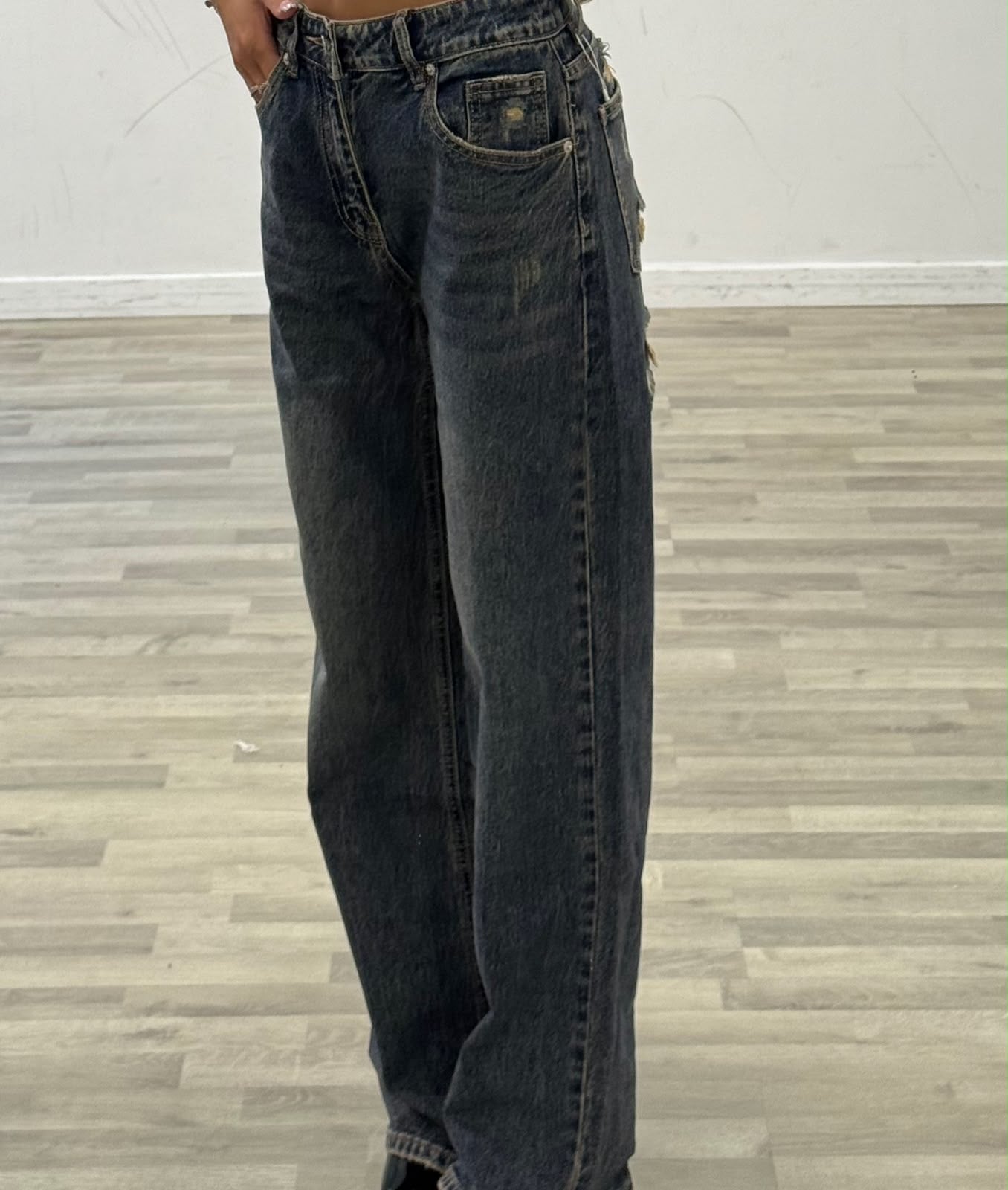 jeans con tasca brown in strass