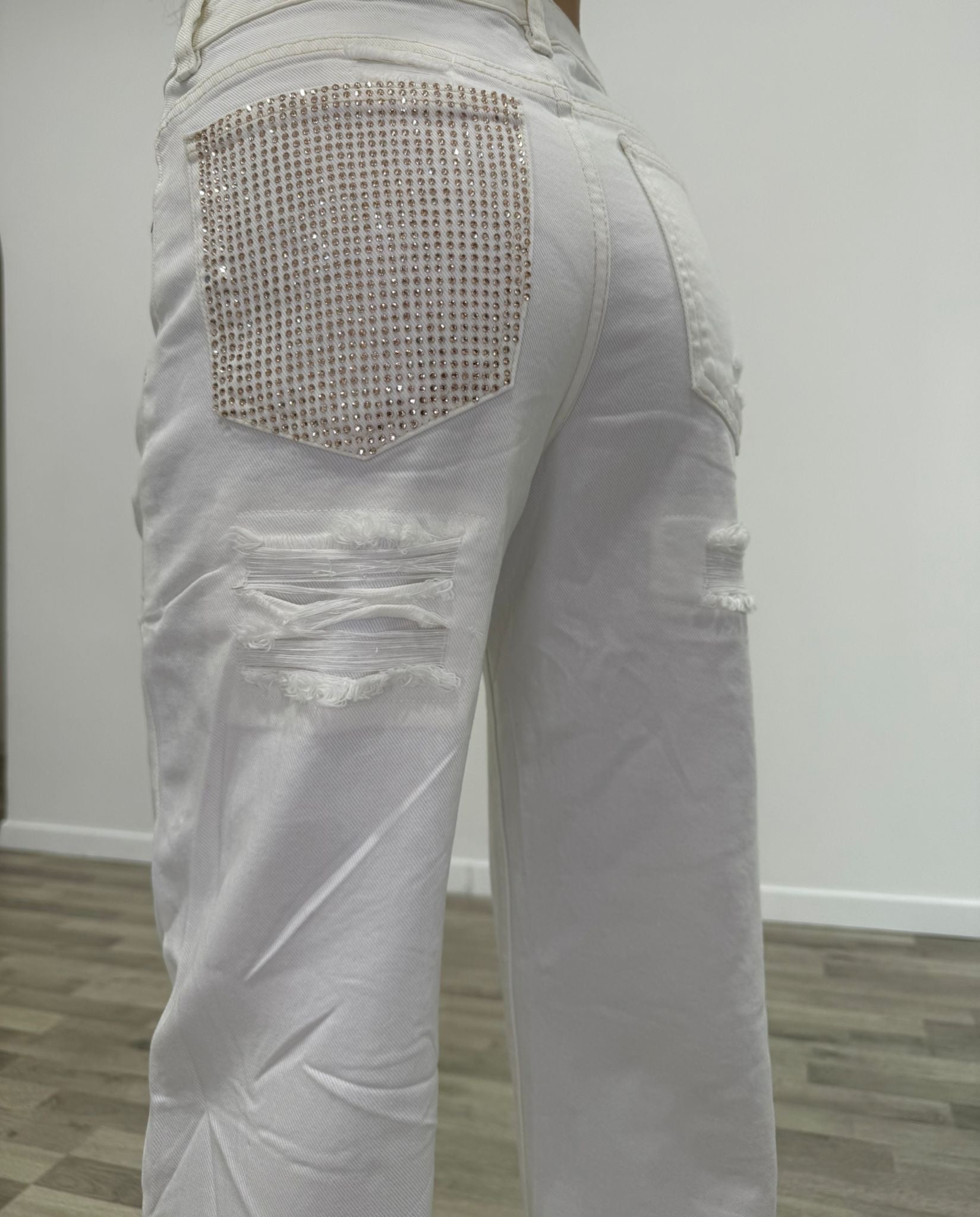 jeans bianco con strass oro/rosa