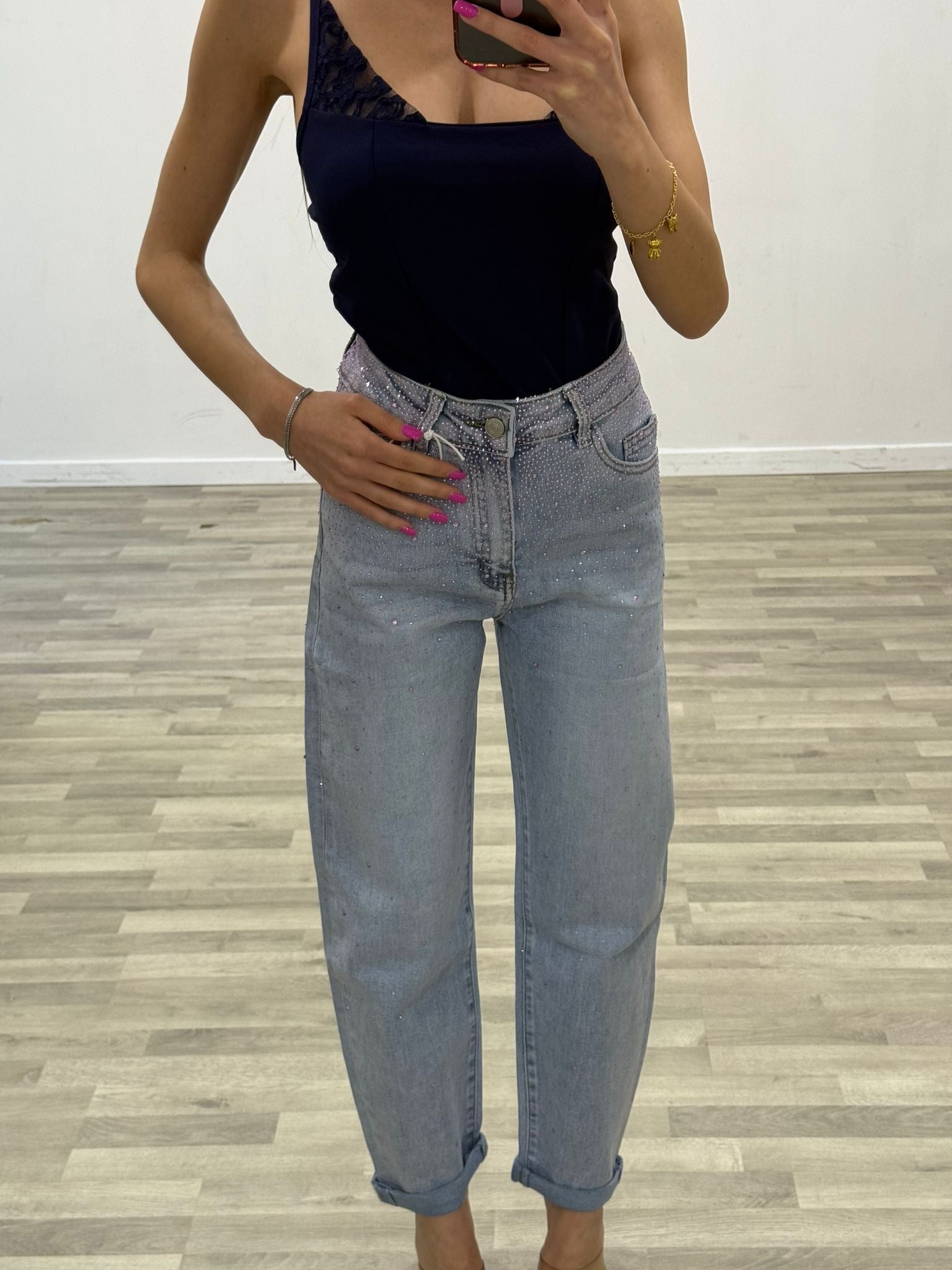 jeans denim con brillantini rosa