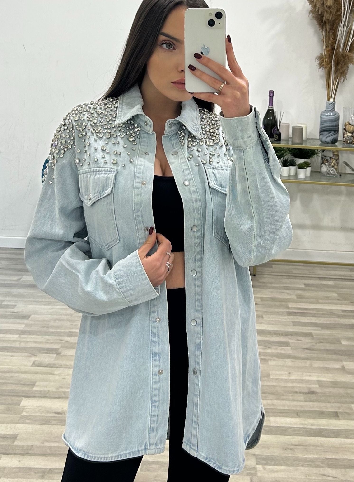 camicia di jeans con swarosky