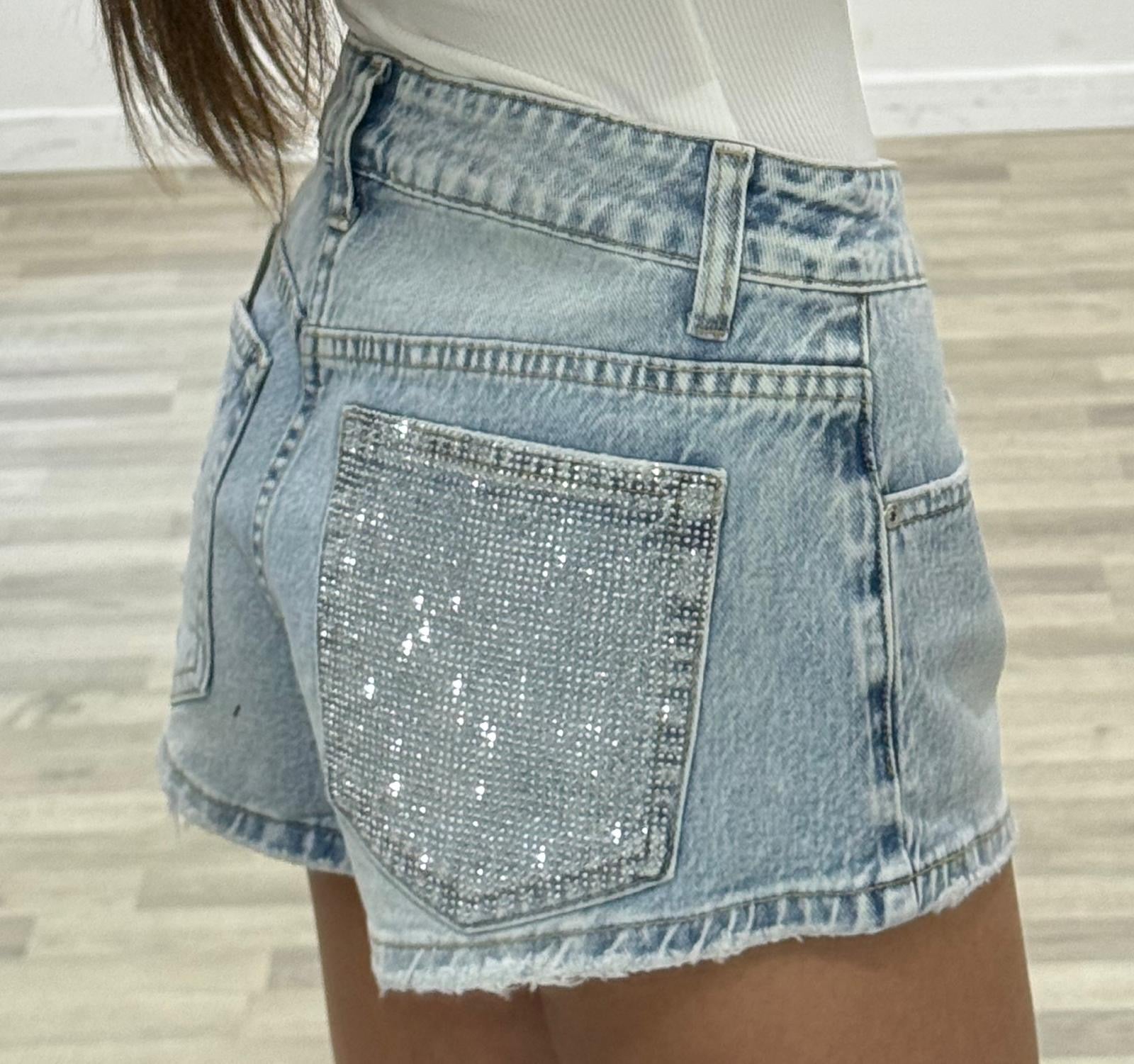 short con tasca strass argento