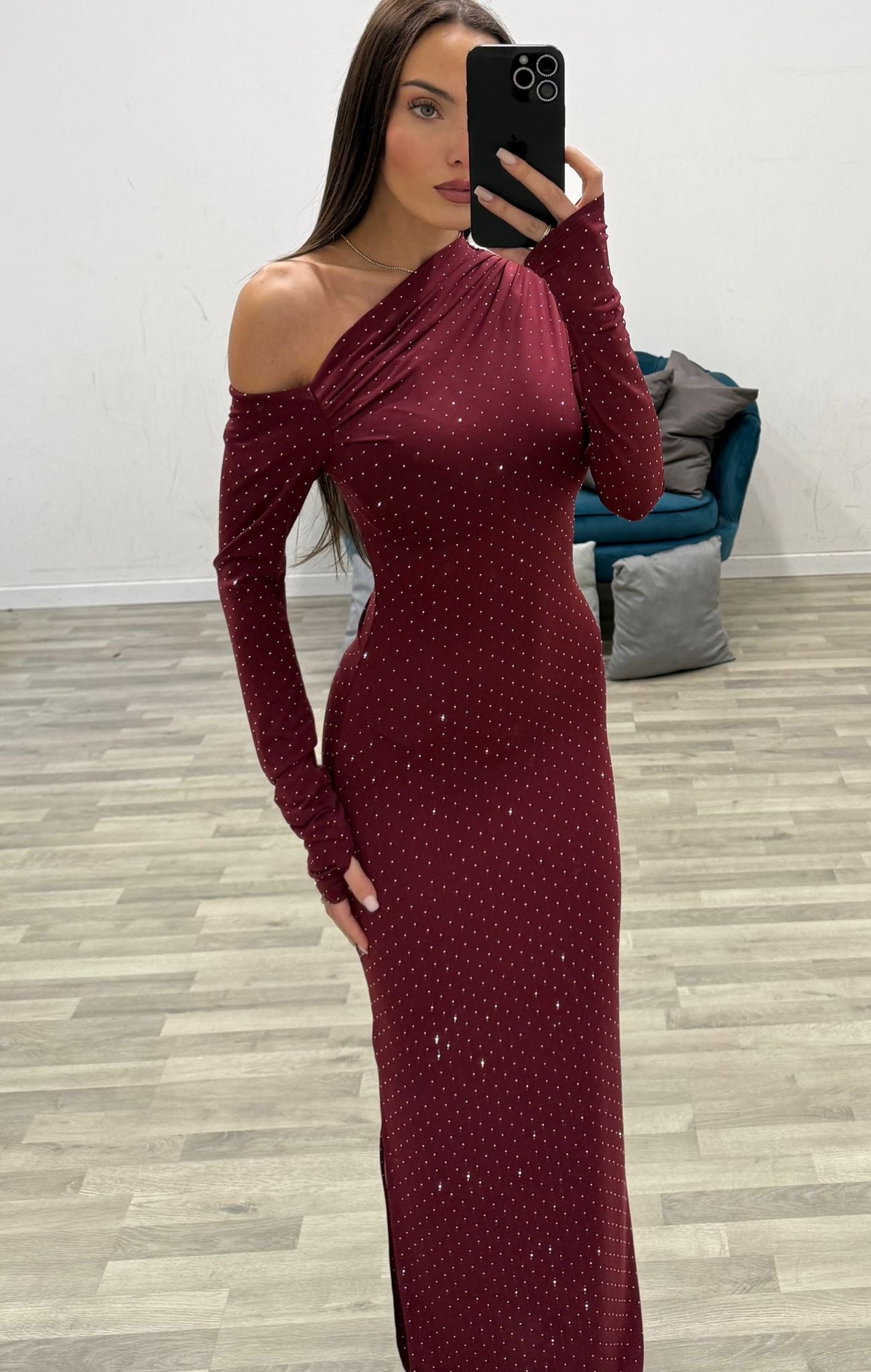 vestito assimetrico brillantinato