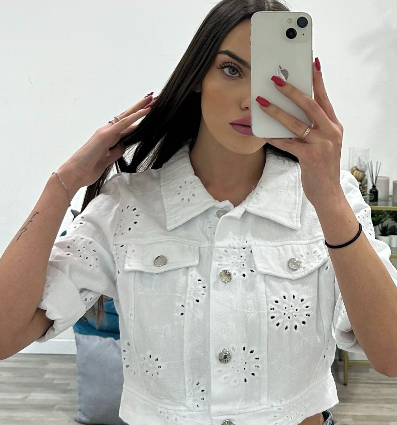 giubbino corto di jeans ricamo san gallo