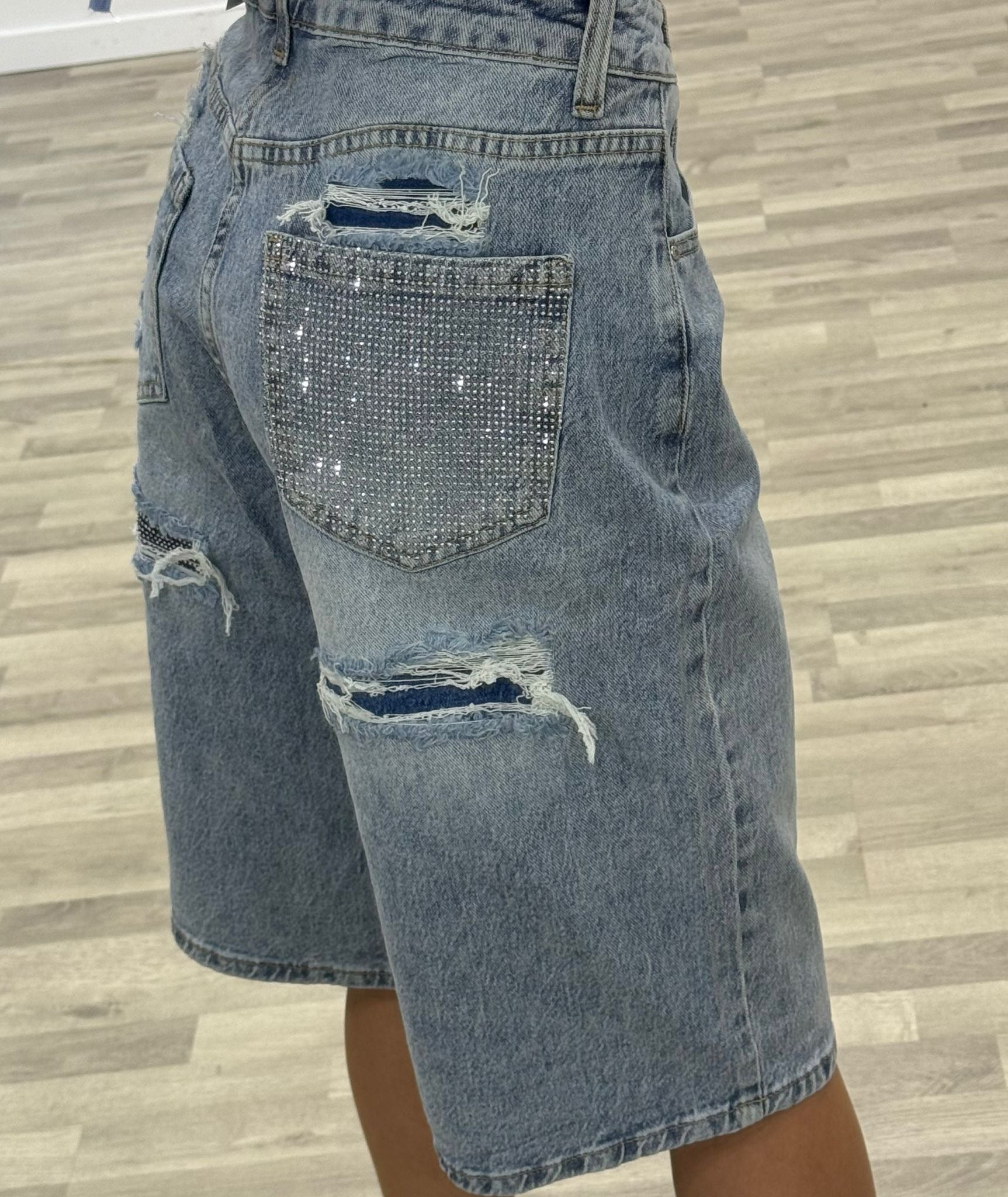 bermda di jeans con tasca glitter denim