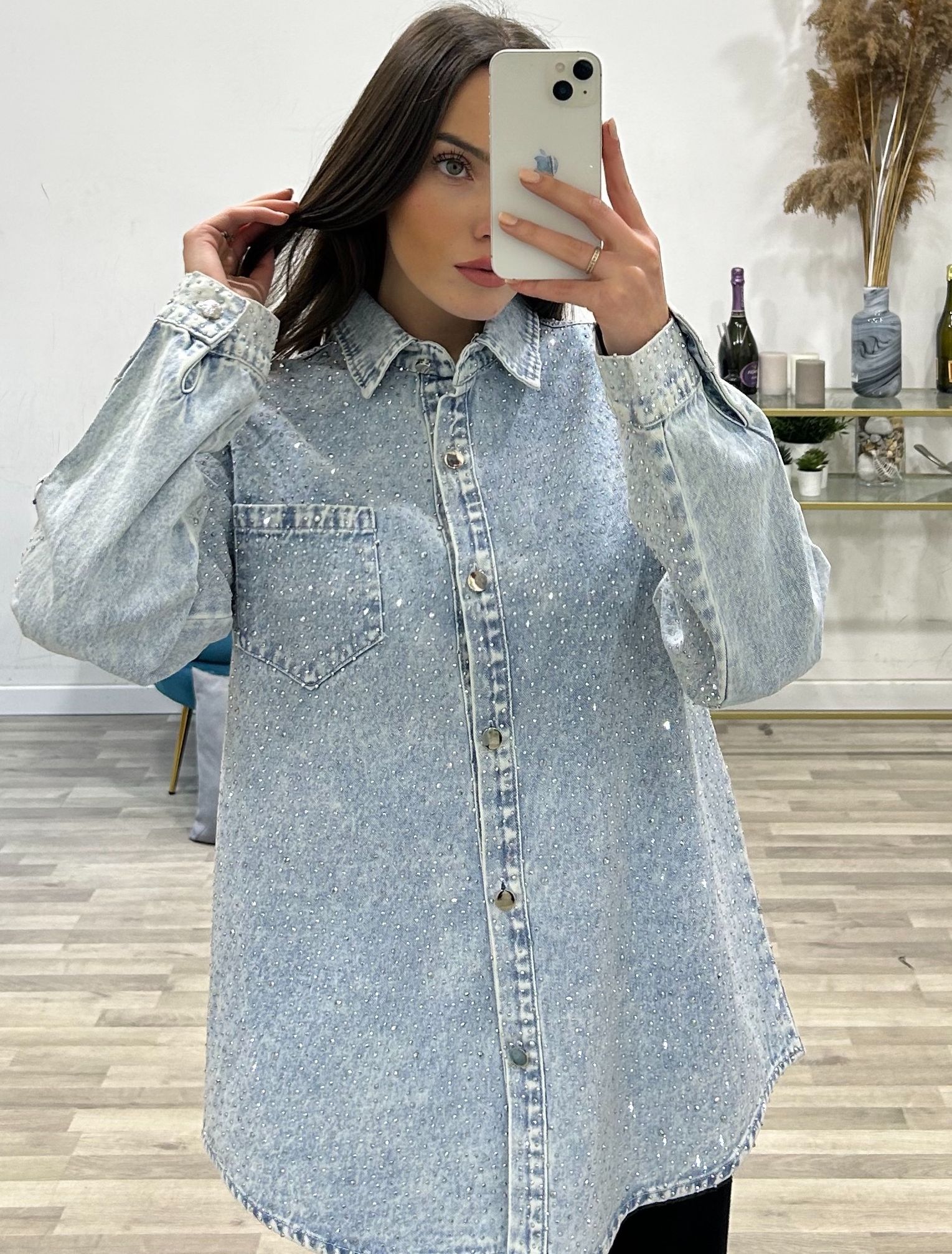 camicia jeans con brillantini