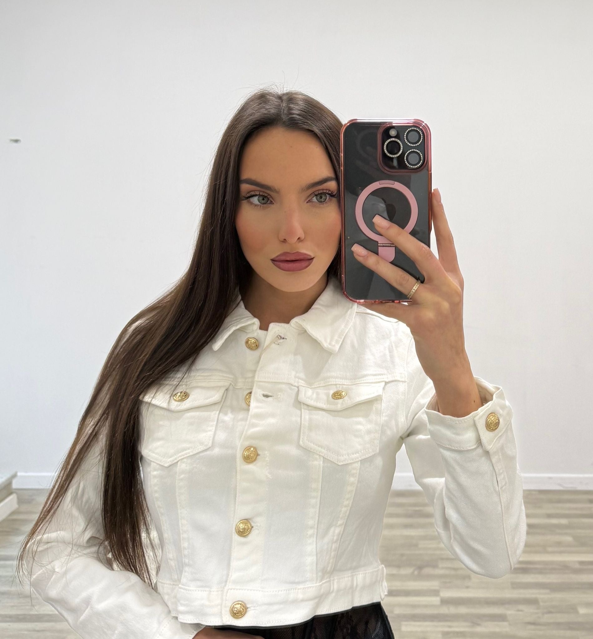 giacca di jeans white bottoni gold