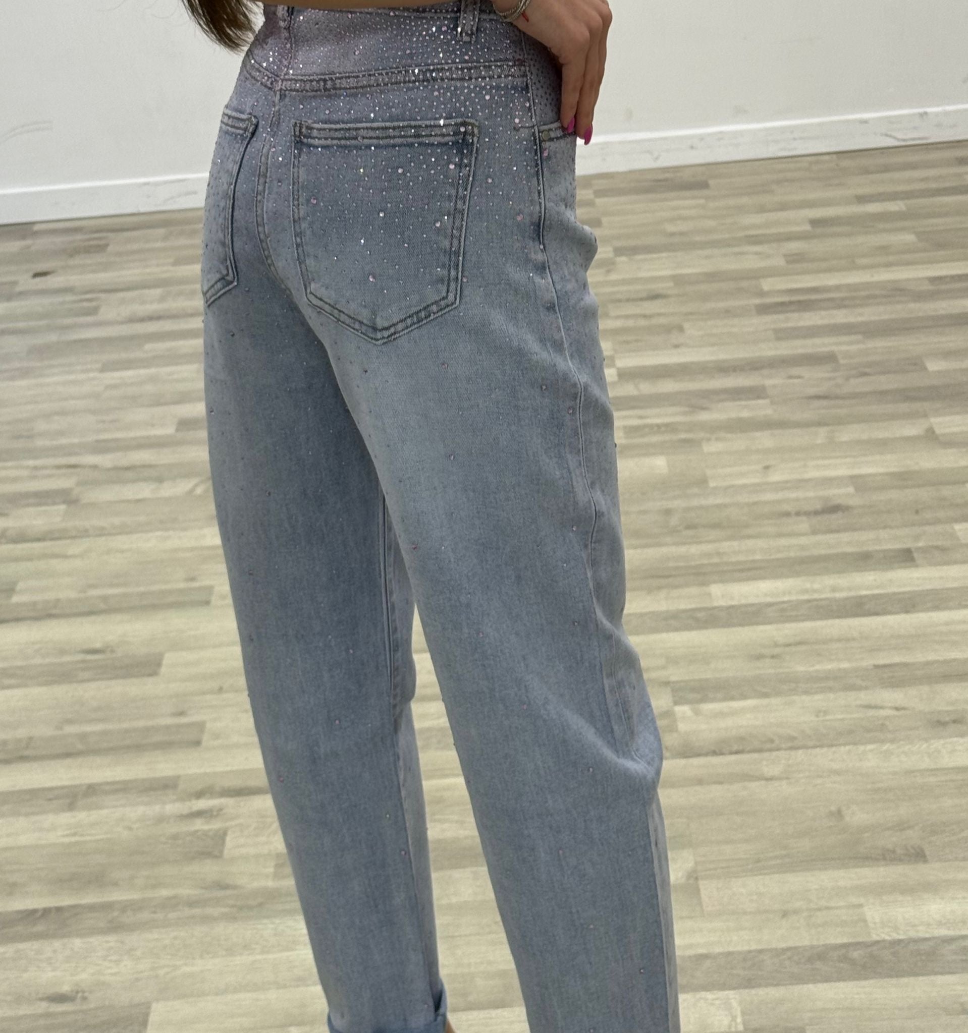 jeans denim con brillantini rosa