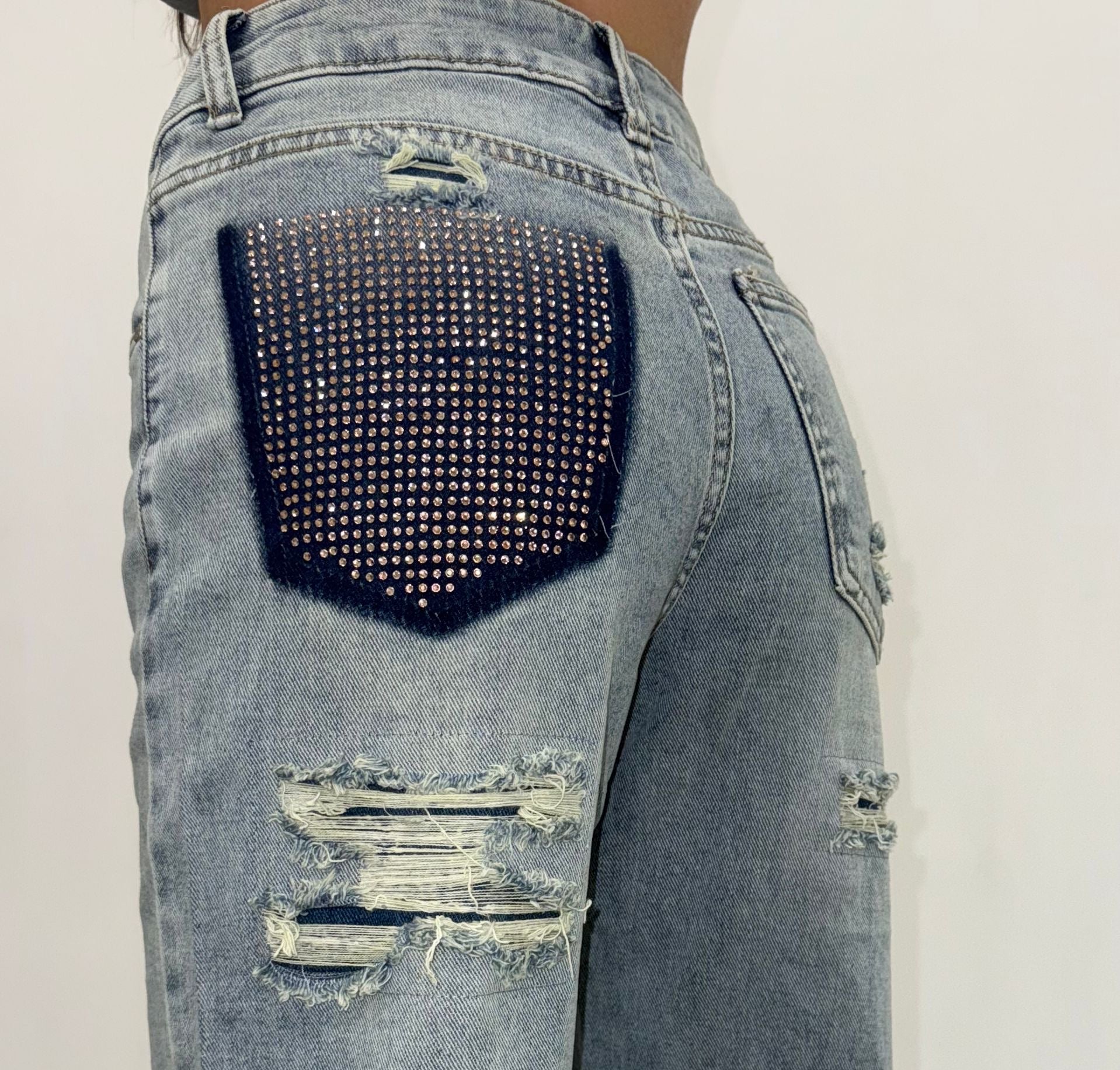jeans senim con tasca strass oro rosa