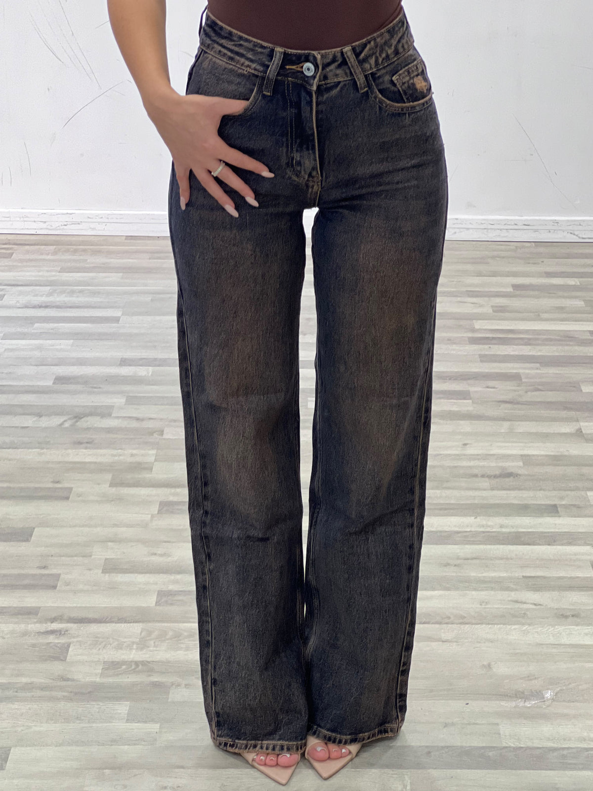 jeans con tasca brown in strass