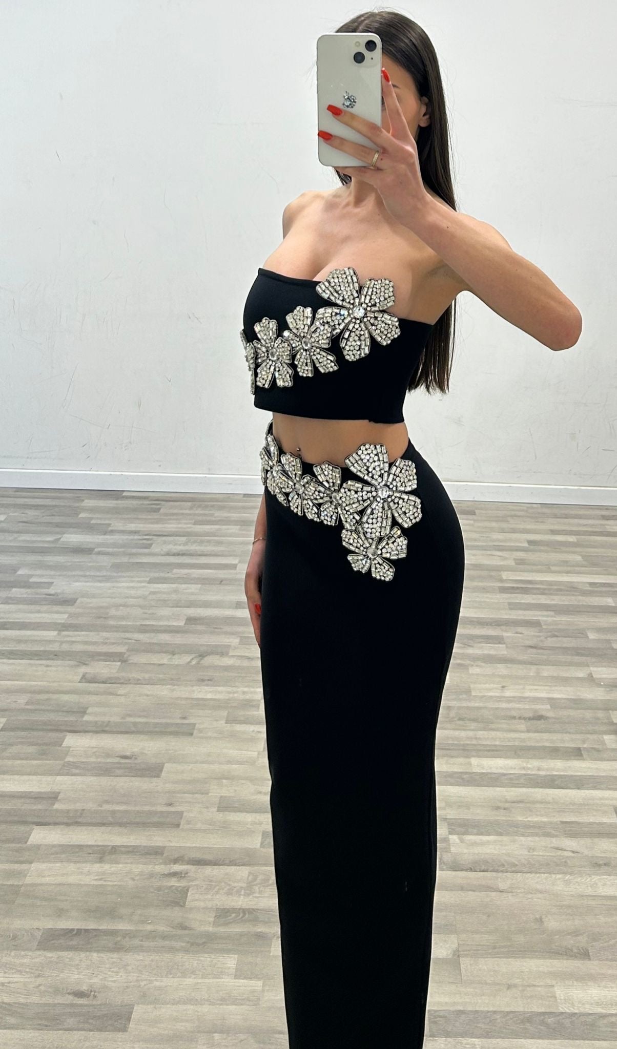 completo top e gonna midi con swarosky