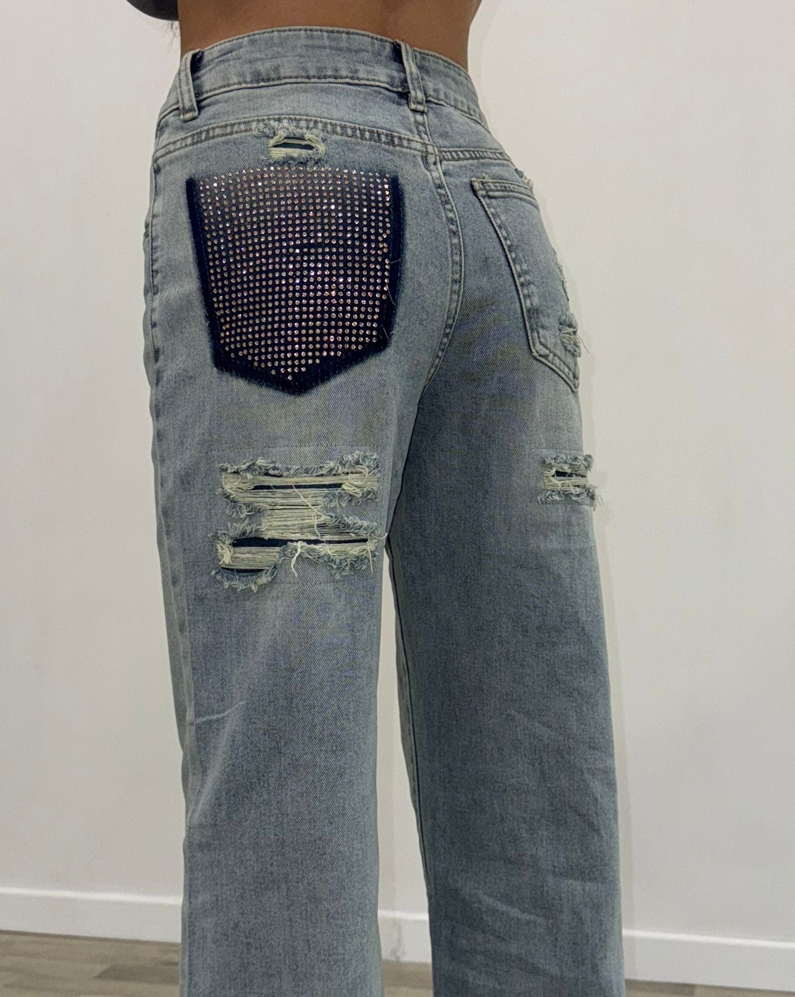 jeans senim con tasca strass oro rosa