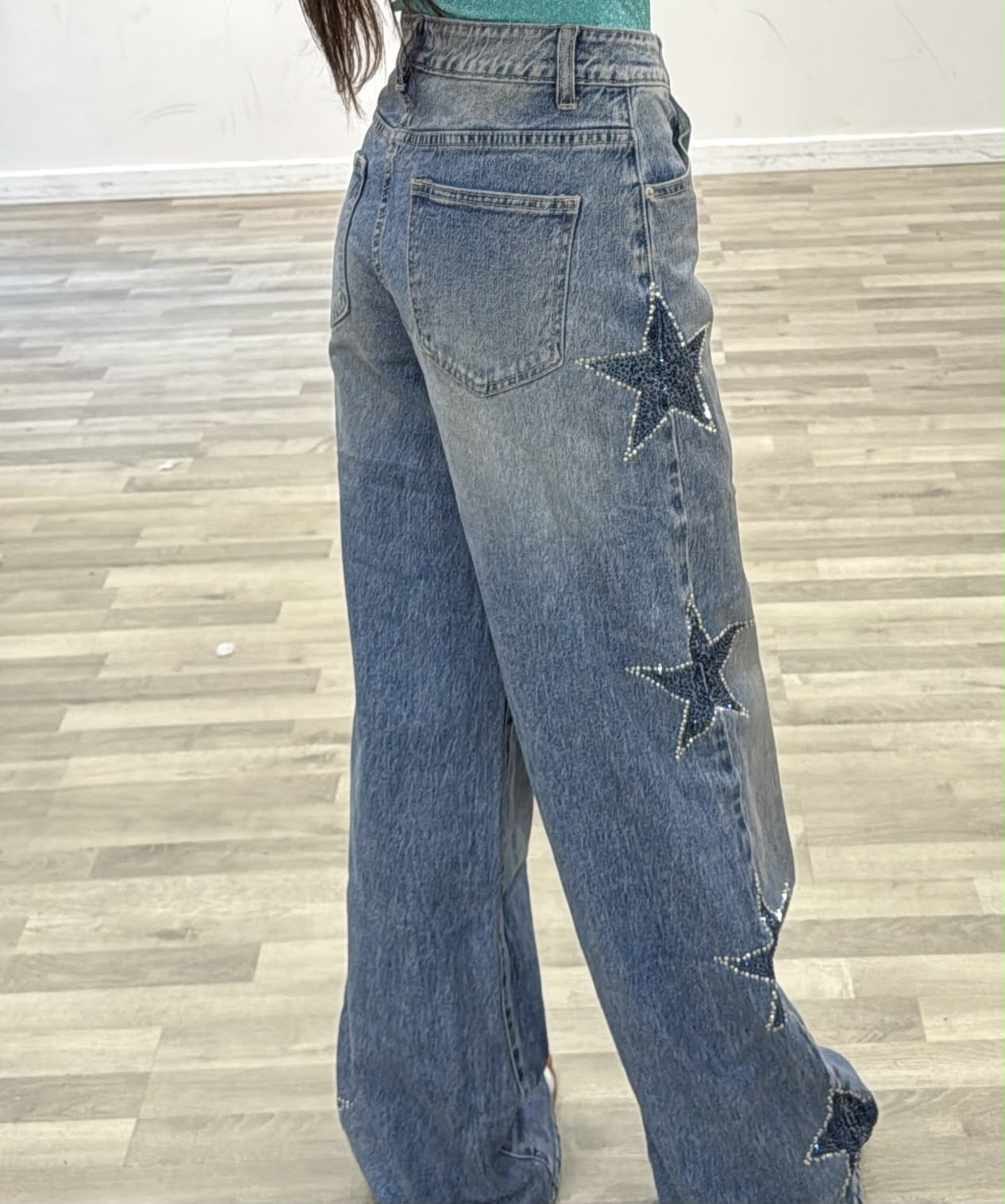 jeans denim con stelle laterali