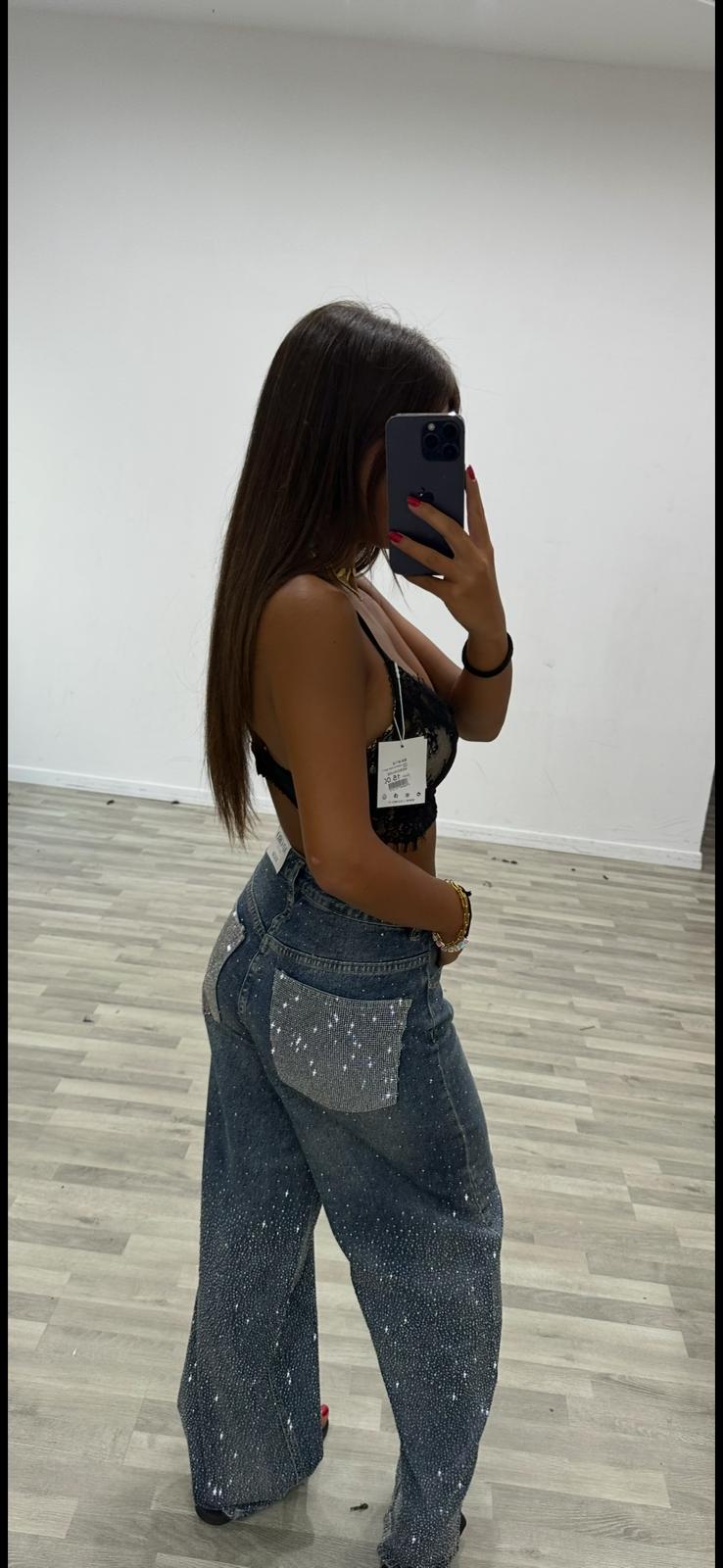 jeans con due tasche con brillantini