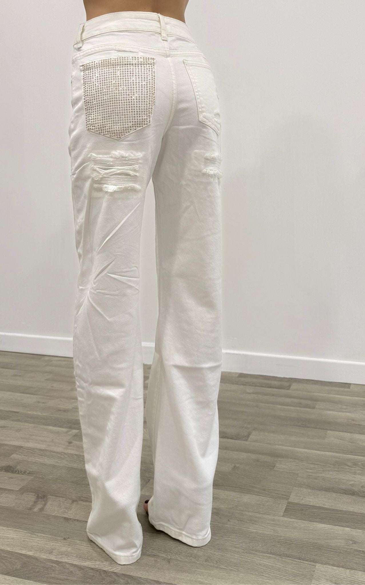 jeans bianco con strass oro/rosa