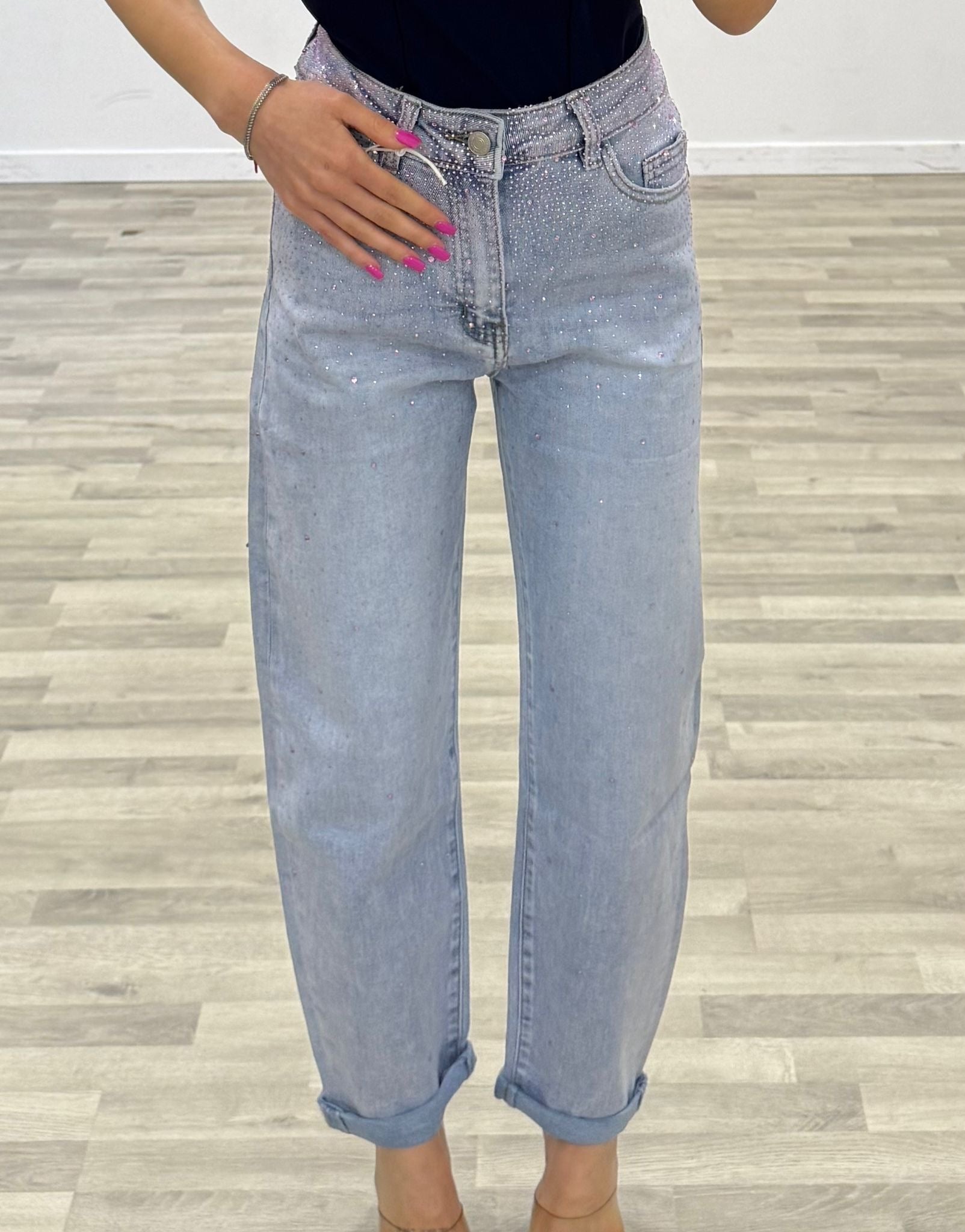 jeans denim con brillantini rosa