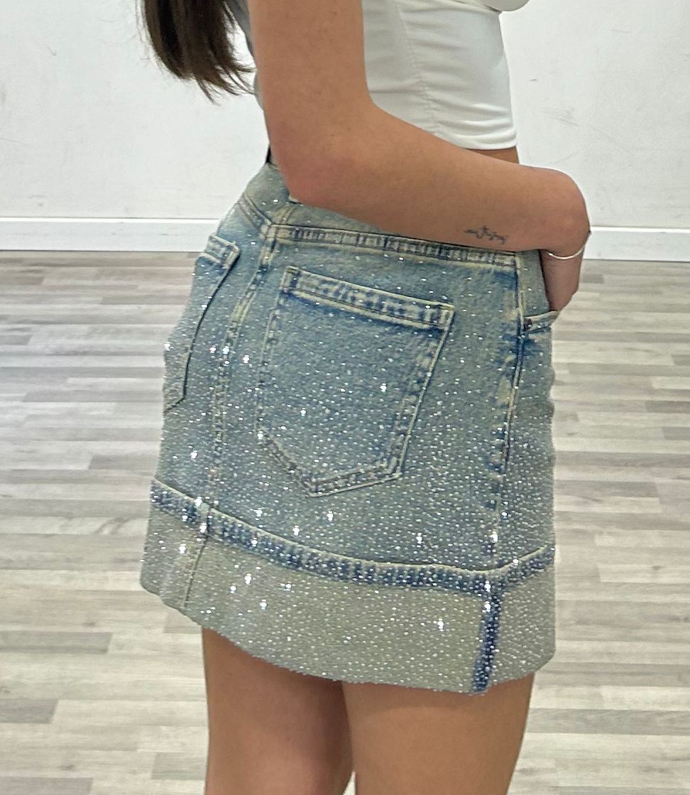 gonna di jeans sabbiata con brillantini