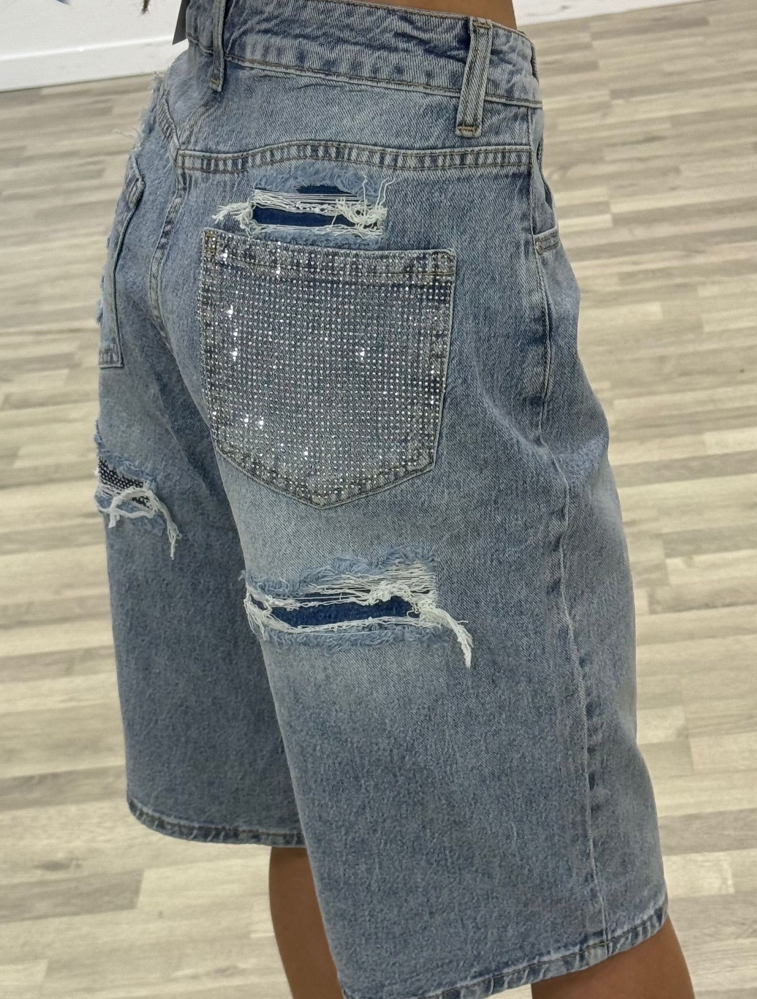 bermda di jeans con tasca glitter denim