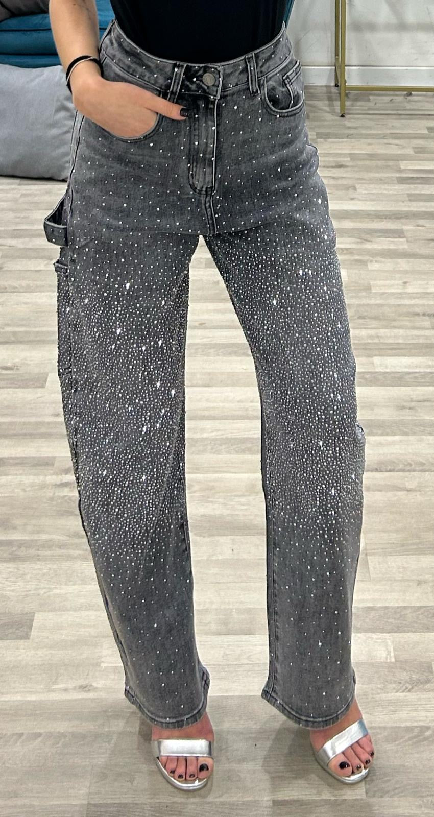 jeans grigio ballon con brillantini