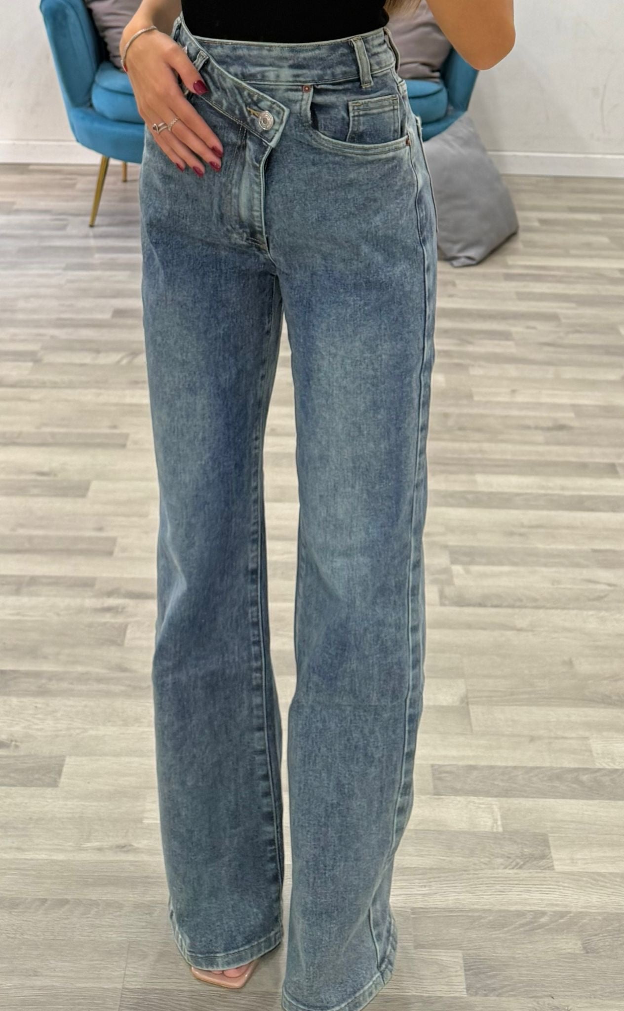 jeans denim bottone trasvers