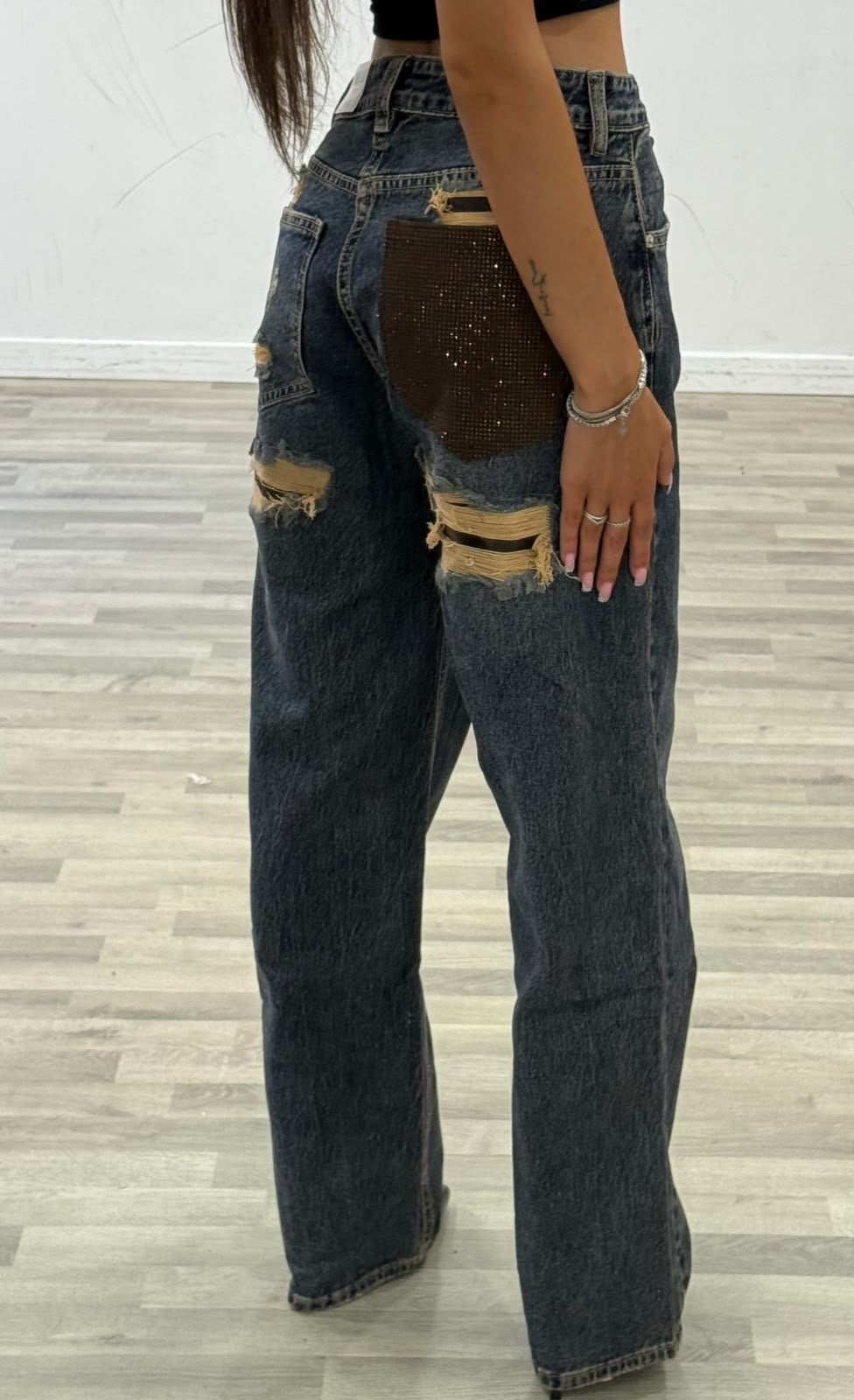 jeans con tasca brown in strass