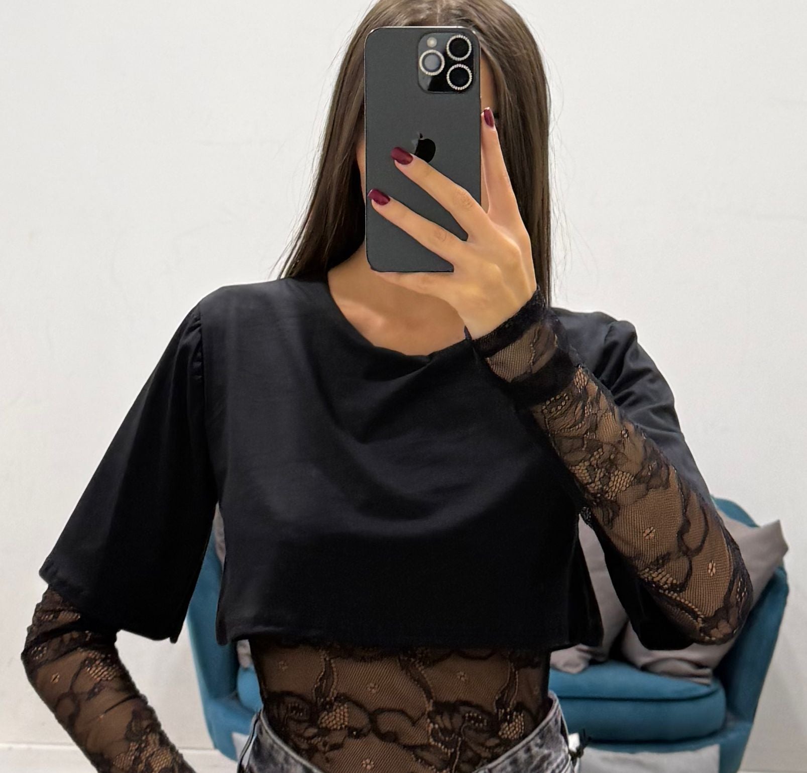 body con t-shirt manica in pizzo