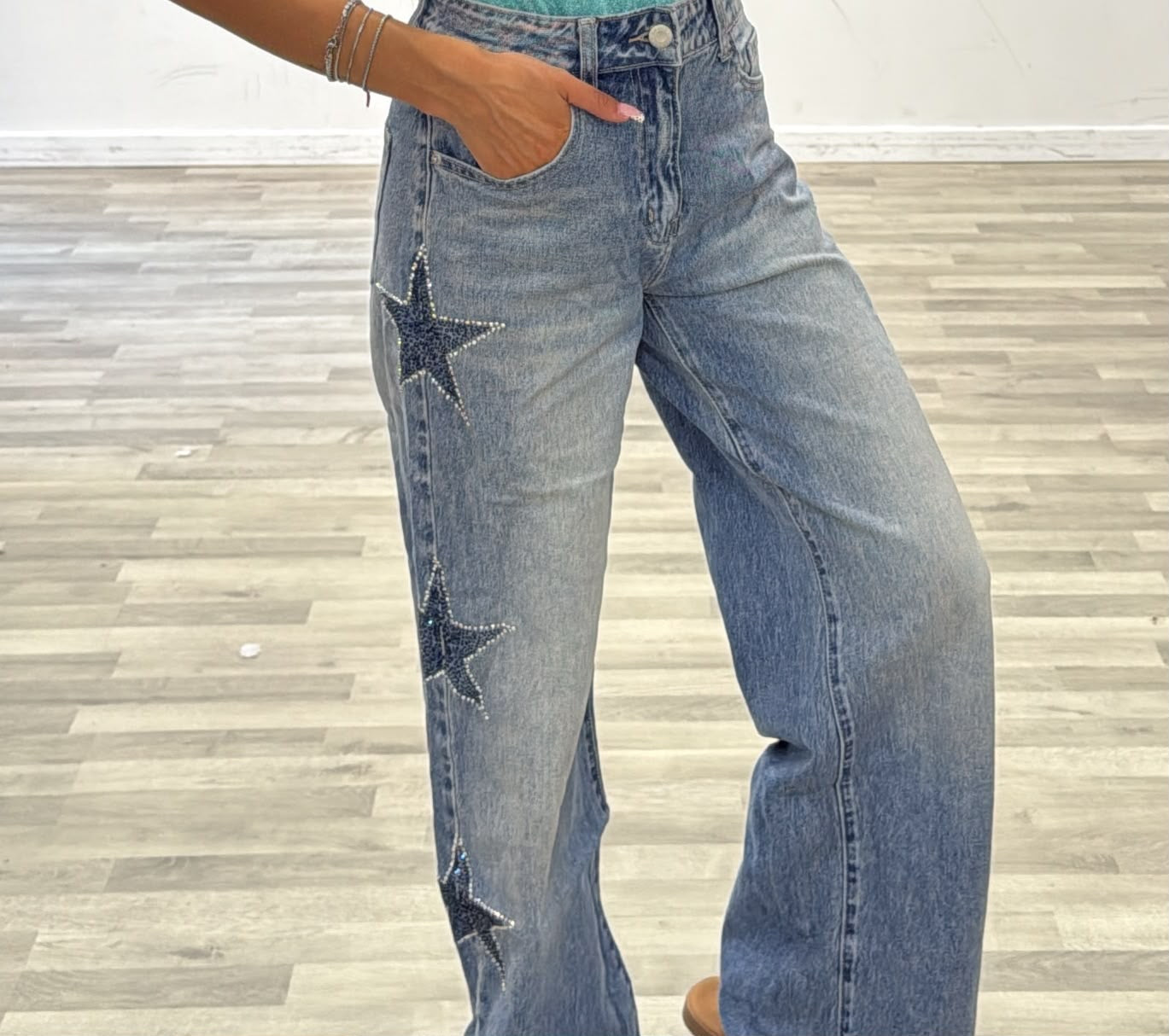 jeans denim con stelle laterali