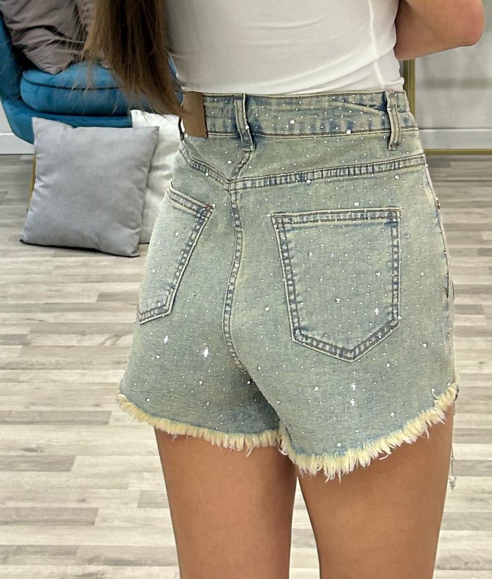 short di jeans sabbiato con brillantini