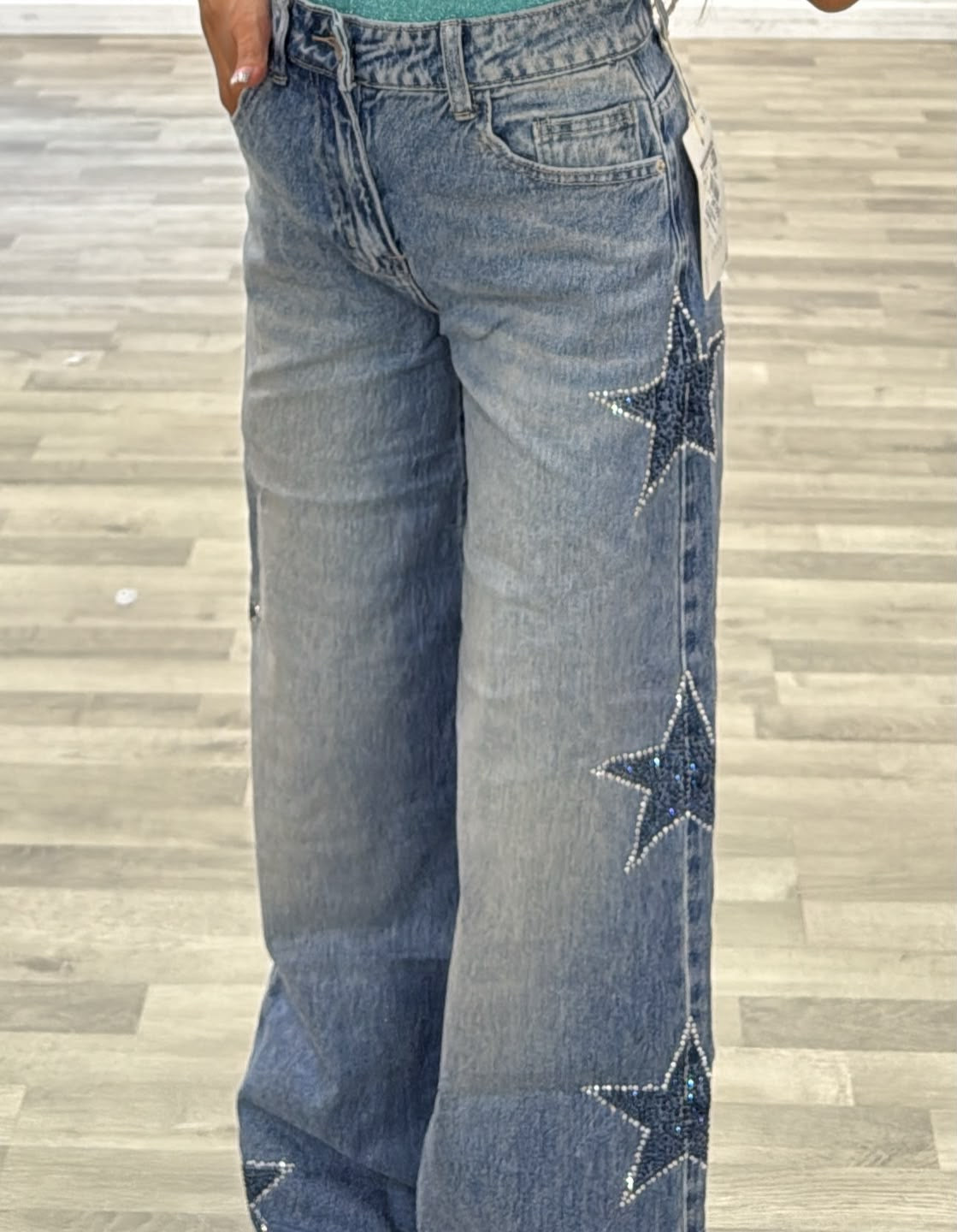 jeans denim con stelle laterali