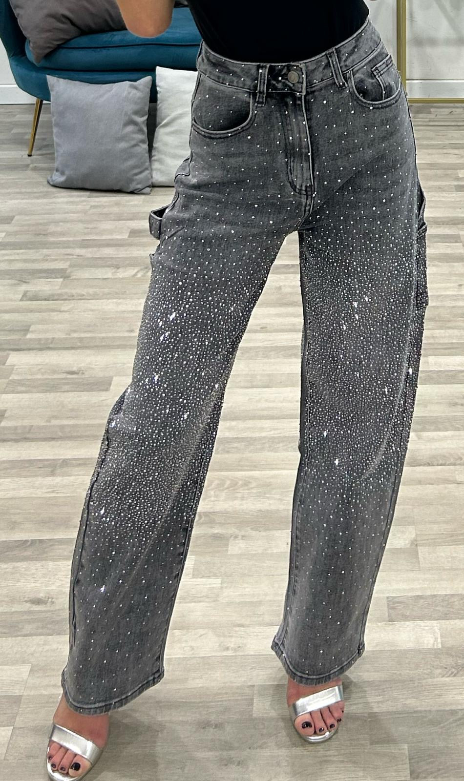 jeans grigio ballon con brillantini