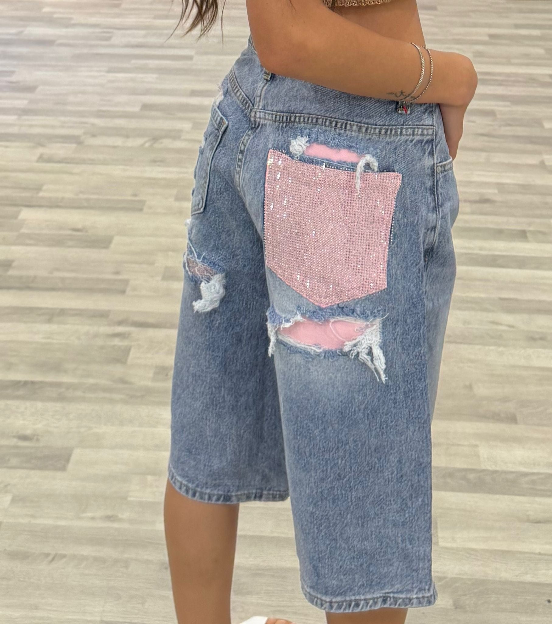 bermuda di jeans tasca rosa