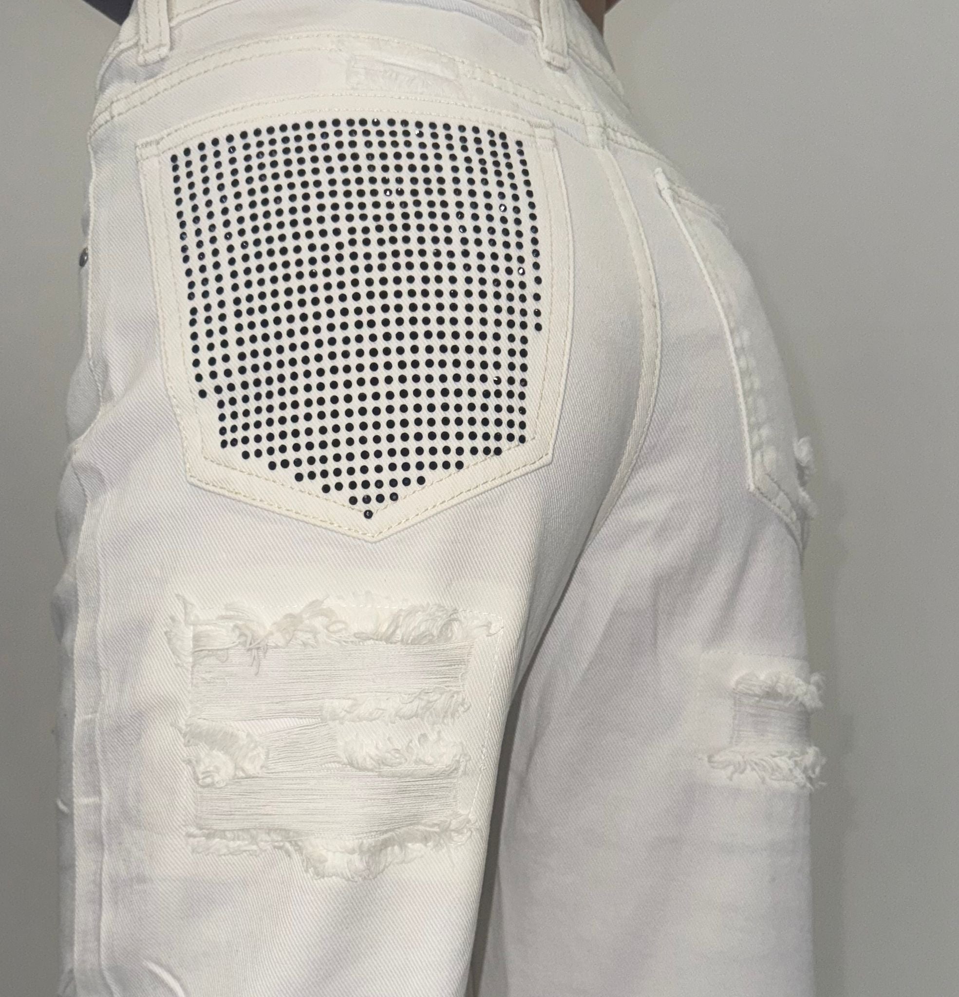 jeans bainco con tsca in strass nera