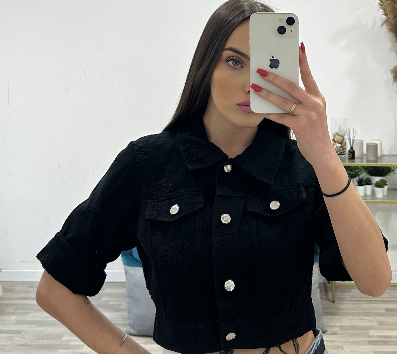 giubbino corto di jeans ricamo san gallo