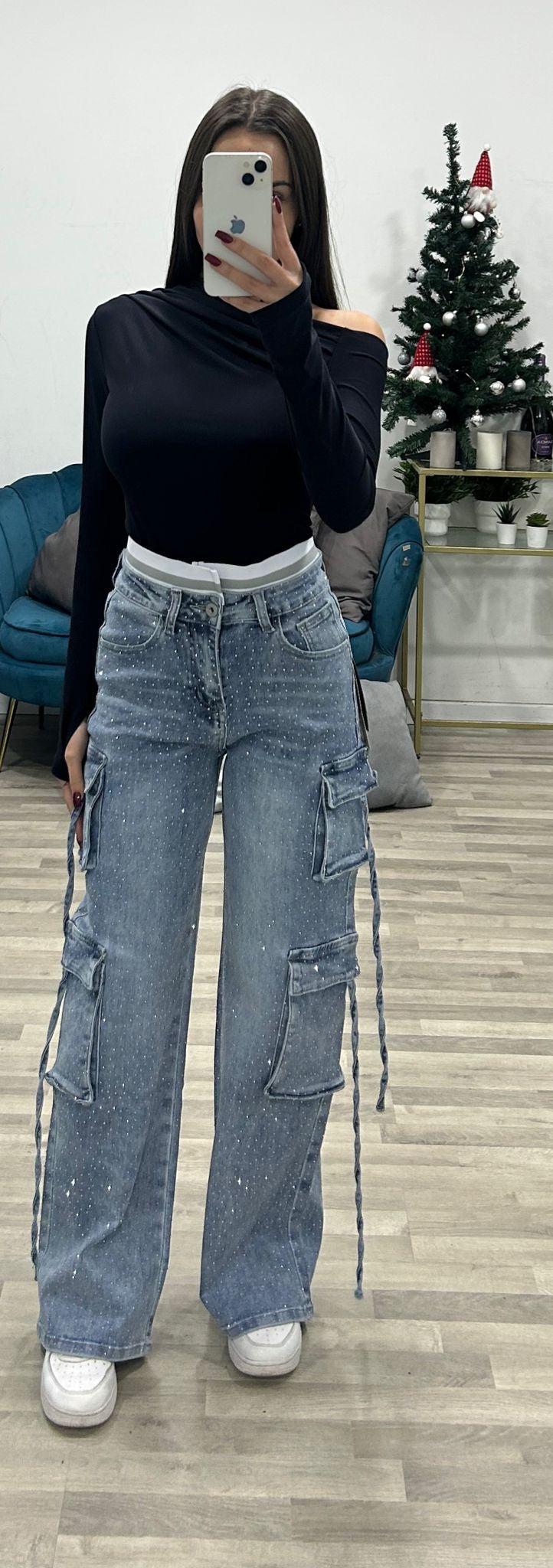 jeans cargo brillantini e molla