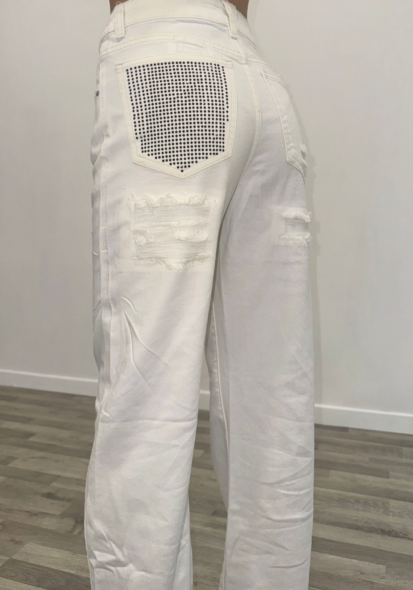 jeans bainco con tsca in strass nera