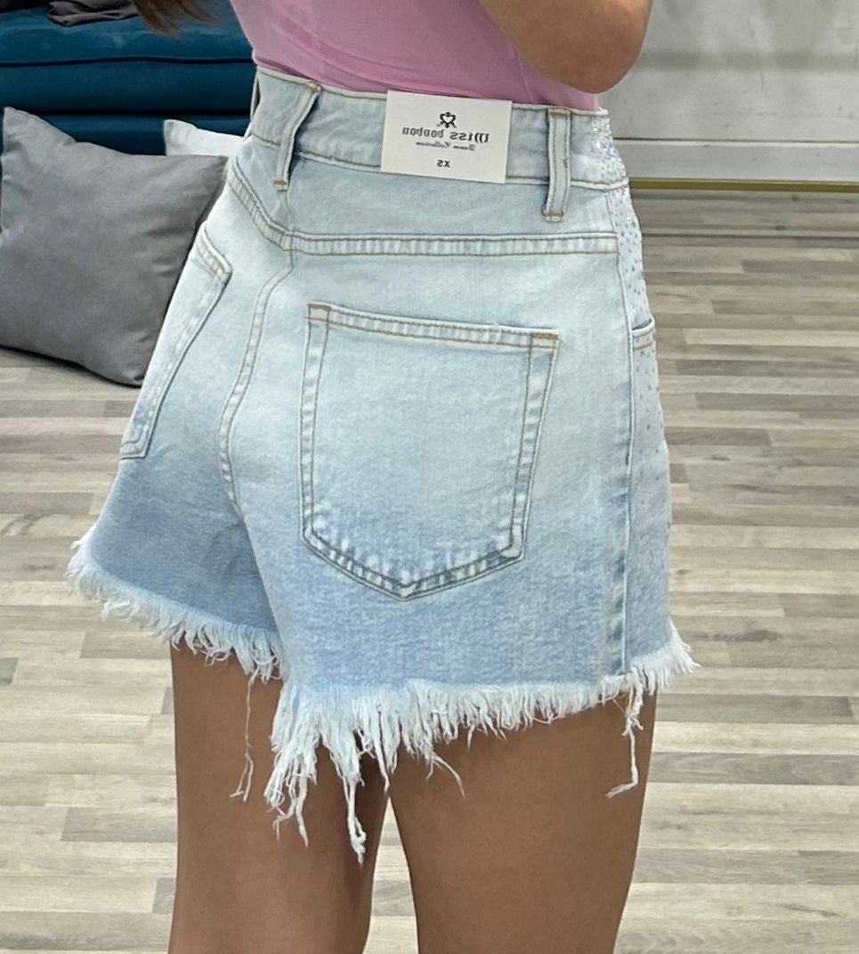 short di jeans chiaro con brillantini