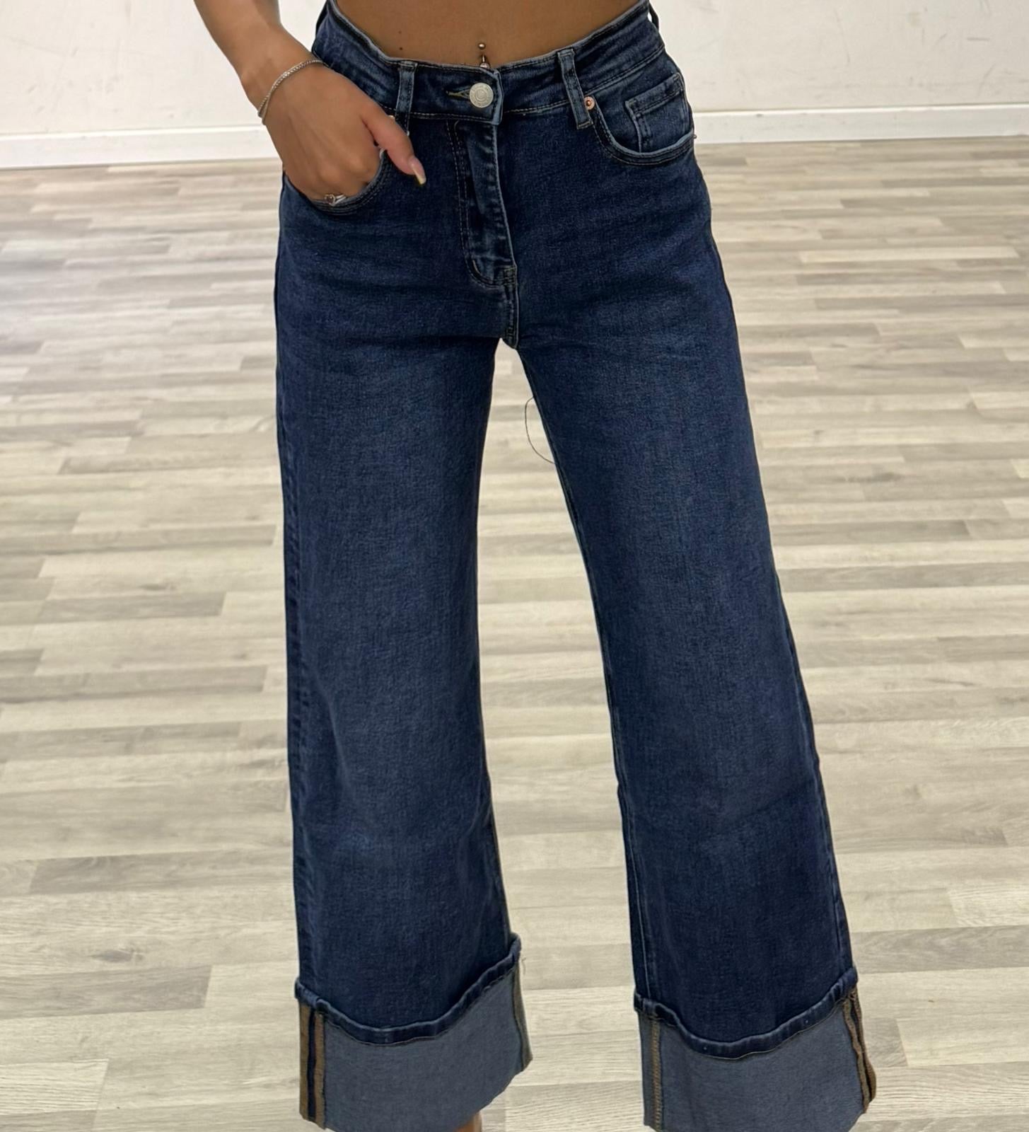 jeans denim con risvolto