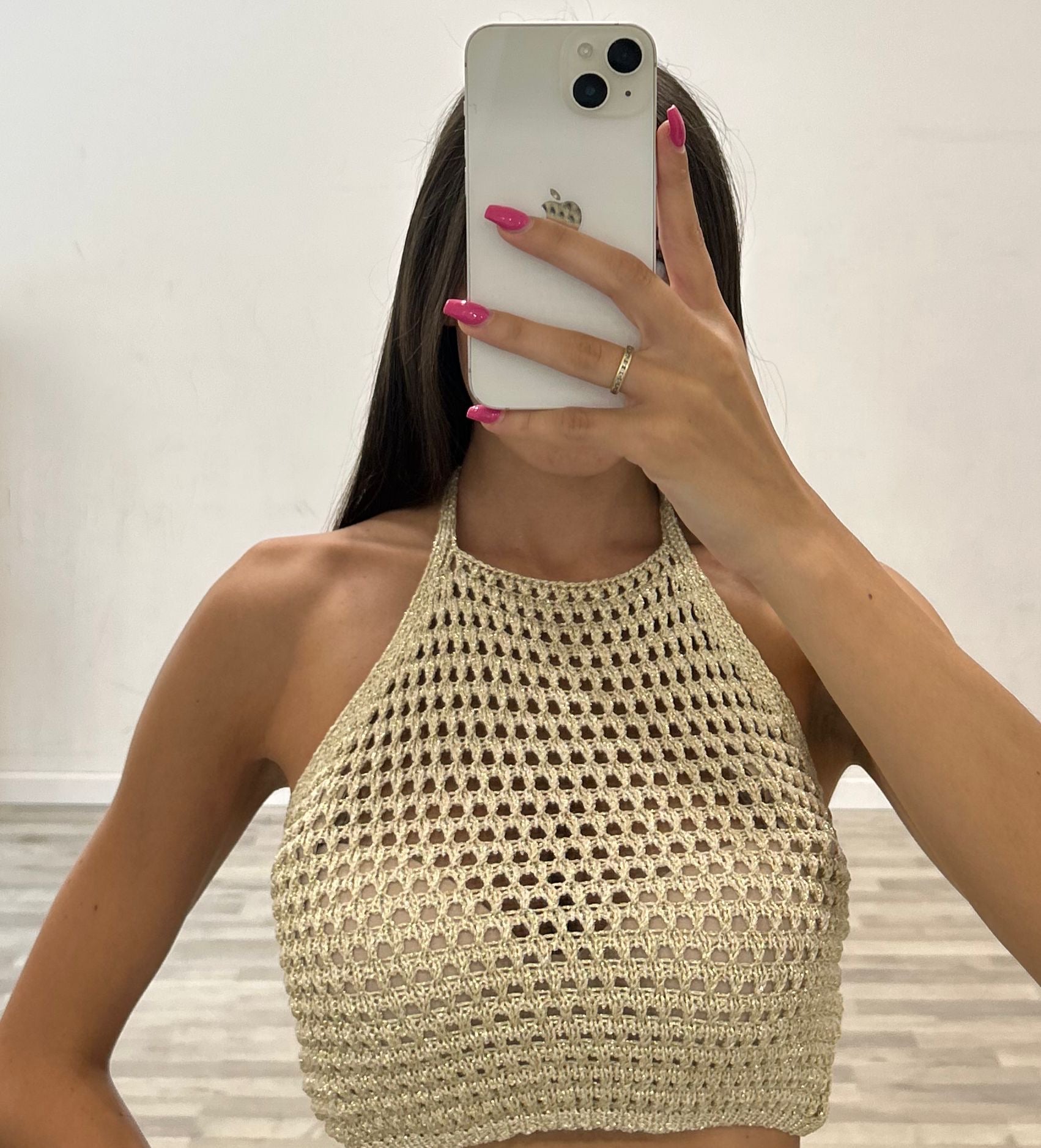 top corto di filo traforato in lurex