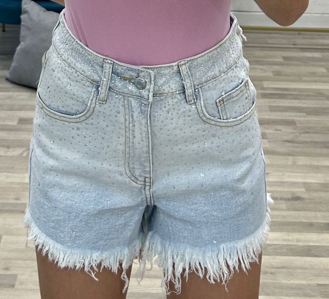 short di jeans chiaro con brillantini