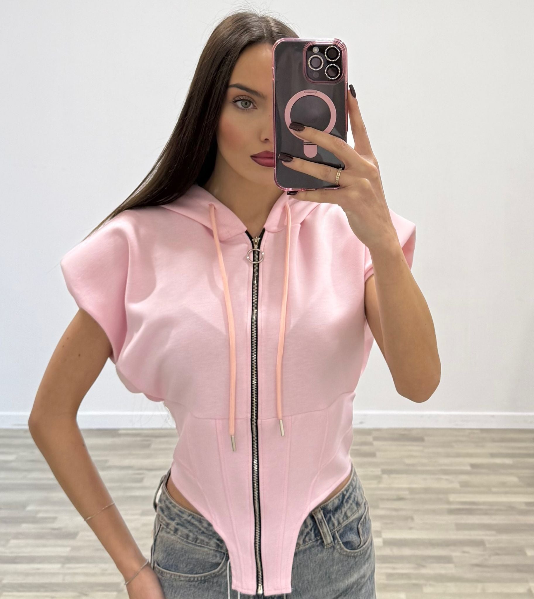 felpa con spalline e zip giromanica