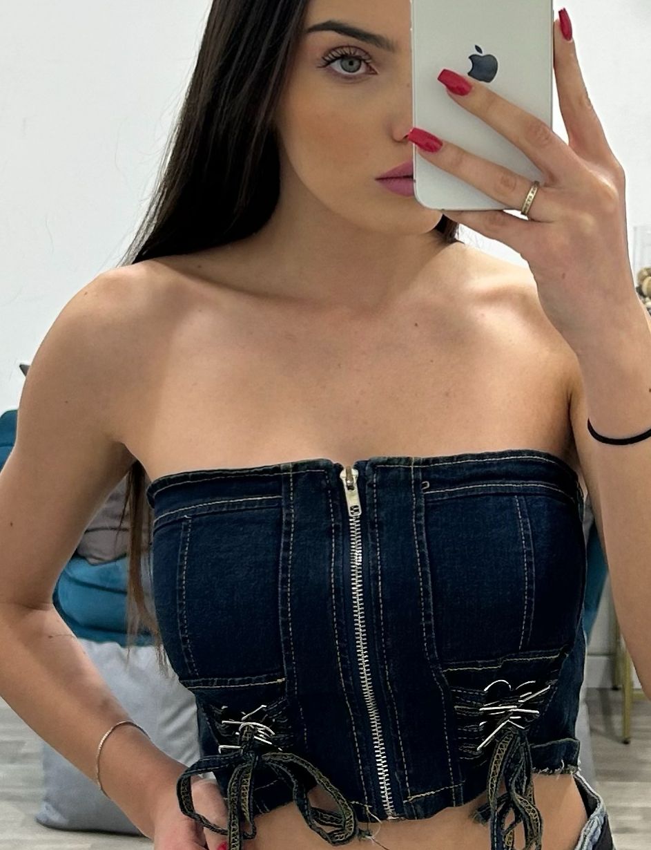 top di jeans zip e laccetti