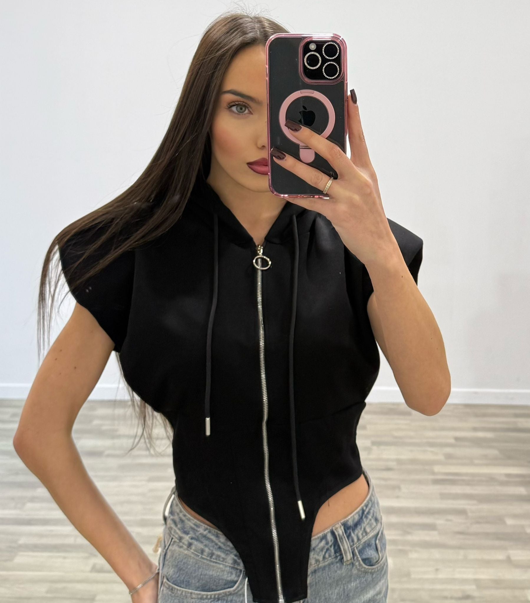 felpa con spalline e zip giromanica